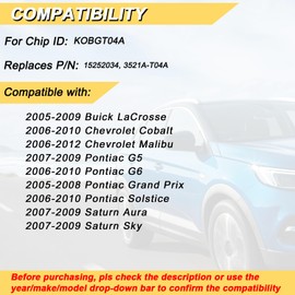 Vurkcy Key Fob Replacement for 06-10 Chevy Cobalt & Pontiac G6 Solstice/ 06-12 Malibu/ 07-09 G5 & Saturn Aura Sky/ 05-08 Grand Prix/ 05-09 Buick Lacrosse Car Keyless Remote, KOBGT04A, 4 Btn