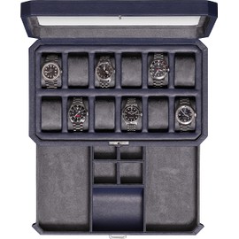 ROTHWELL 12 Slot Leather Watch Box with Valet Drawer - 12 Slot Luxury Watch Case Display Organizer, Microsuede Liner, Mens Accessories Holder, Jewelry Case, Jewelry Display Organizer (Dark Blue/Grey)