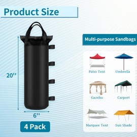 4 Sand Bags for Weight, Heavy Duty Sandbags for Canopy Legs, Extra Large Pop Up Tent Weights, Canopy Weight Bags for Gazebo, Outdoor Sun Shelter, Umbrella - Black, 6"×20", Without Sand