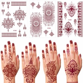 Henna Tattoos Kit, 6 Sheets Brown Waterproof Lace Pattern Fake Tattoos Henna Sticker for Women Wedding Party Festivals Parties Decoration