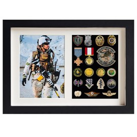 Shadow Box Medals Display Case,Wooden 12.9" X 9.4" Pin Military Display Case,with 5X7 Photo Frame,98% UV Protection (Black) ﻿ ﻿
