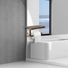 Msiud Vintage Toilet Paper Holder with Shelf,Aluminum Tissue Roll Wall Mounted,Toilet Shelf for Bathroom Accessories Mount Decor Wipes Cell Phone Reading Metal Organizer Decor Wipes&Reading