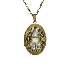 FS Brand Ox Brass Oval Rabbit Locket Necklace Jewelry Keepsake Photo Locket Vintage Jewelry Gift for Her.