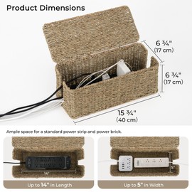 StorageWorks Large Cable Management Box, 2 Slots Wicker Cable Organizer to Hide Cords and Power Strip, Seagrass Cord Hider Box for Home & Office