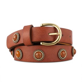 RISANTRY Women's Brown Rivet Belt with Gold Buckle Punk Studded Belt for Jeans Pants Dresses
