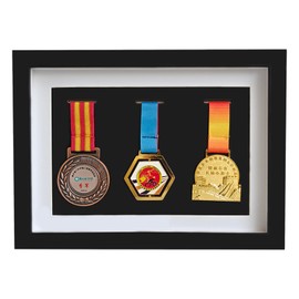 Solid Wood Medal Box,Wooden Display Case for Medals and Badges of Honour?Marathon Medal Storage Box,War Military Three Medal in Black Frame,3D Deep Box Frame to Display War/Military