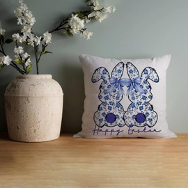 AOFANGGO Easter Pillow Cover 18X18 Inch Chinoiserie Blue Bunnies Happy Easter Decorations Holiday Farmhouse Decorative Spring Pillow Case for Home Sofa Couch