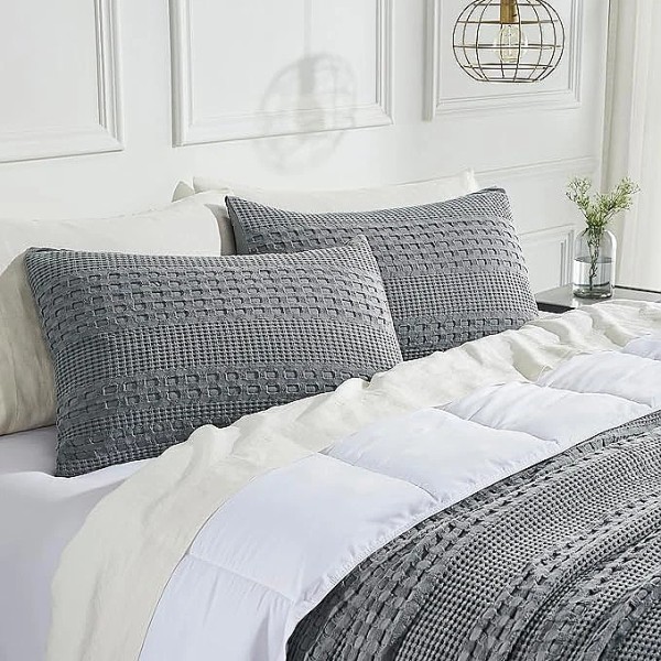 VHC Brands Waffle Weave Dark Grey Queen Sham Set of