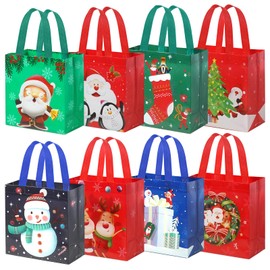 SHANGRLA Reusable Small Christmas Gift Bags with Handles for Kids - Bulk Xmas Holiday Present Tote Bags 8 PCS