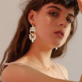JIMARIN Sparkly Crystal Flower Chandelier Lightweight Dangle Drop Earrings Dainty Floral Leaf Alloy Stud Earrings For Women (Orange Chandelier Earrings)