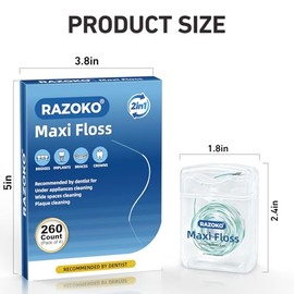 RAZOKO Hilo dental para aparatos ortopédicos, implantes y puentes – 260 unidades 2 en 1 hilo dental encerado con hilos precortados para una limpieza profunda, sin PFAS, sabor a menta (4 paquetes)