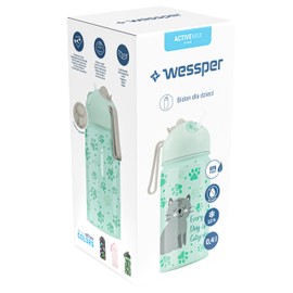 Wessper Trinkflasche Kinder mit Trinkhalm 410 ml Edelstahl, Auslaufsicher, Federleicht | 1-Klick Verschluss, BPA-Frei, für Kindergarten oder Schule, Sport - Minze mit Katzenmotiv