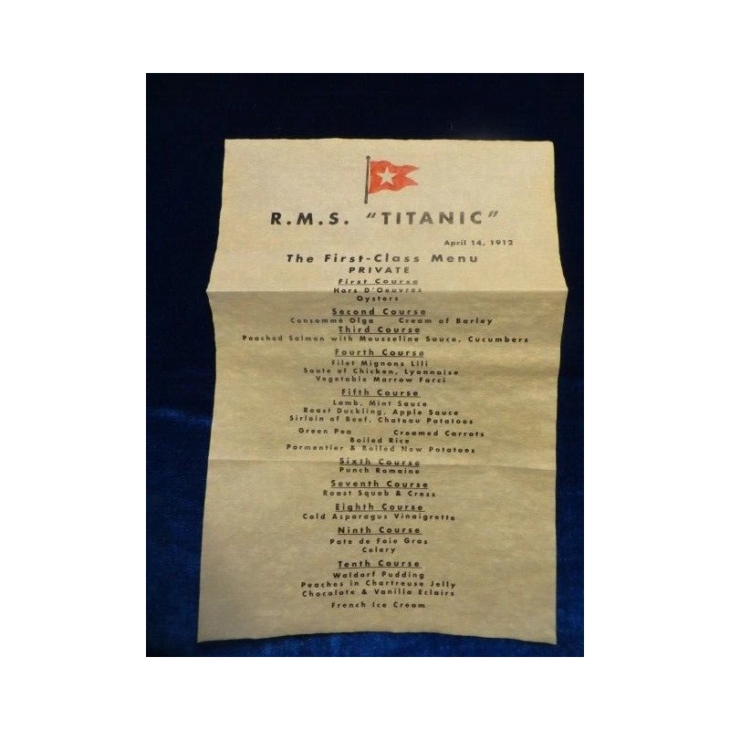 Reproduction Titanic First Class Menu the Night of Sinking New!