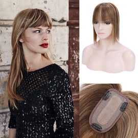MY-LADY Hair Topper for Women Human Hair for Thinning Hair 7 * 13CM Silk Base 150% Density Real Remy Hair with Bangs Clip in Hair Pieces Straight Hairpiece 8 Inch Medium Brown & Dark Blonde