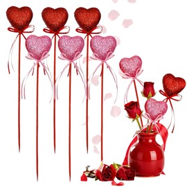 6Pcs Valentine's Day Decorations - Valentine's Day Glitter Puffy Heart Picks Foam Sparkly Sticks, 22CM Red Pink Heart Wands with Ribbons Valentines Decors,Wedding Flower Arrangement