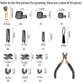 65 Pcs Zip Repair Kit UK,Zipper Repair Kit Fix Zip Puller,Zipper Pull Replacement Bottom Stop and Top Stop Zip Fixer,Zip Replacement with Installation Pliers,for Clothes DIY Crafts Zipper Repairing