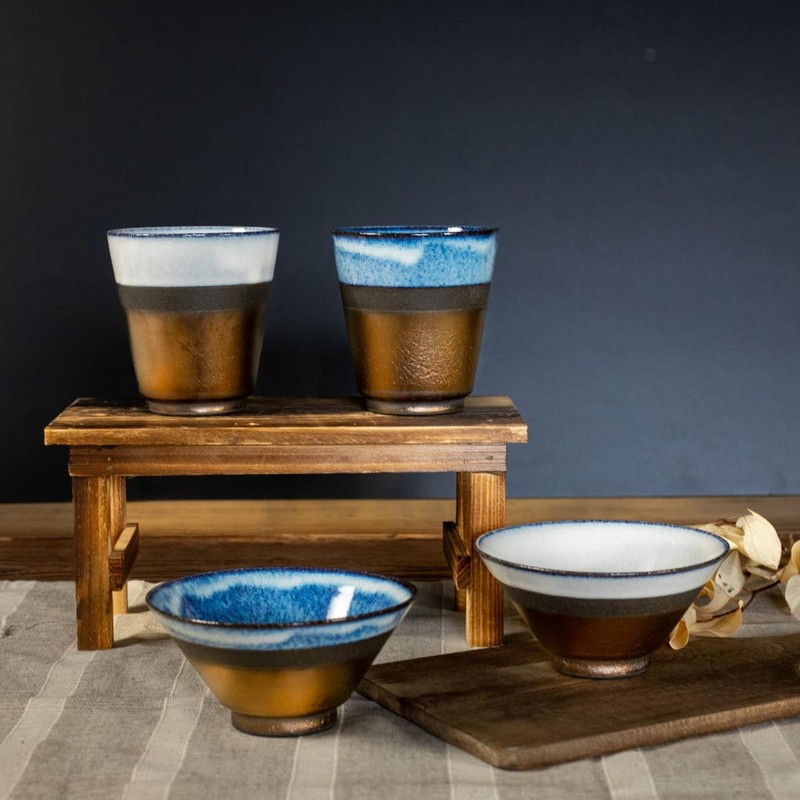 Awasaka TABATA Unofu Gold Color Blue Rice Bowl