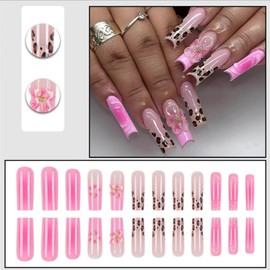 YoYoee 24-Piece -Long Square Press on Nails - Pink Daisy False Nails | Gradient French Fake Nails for Women Elegant & Durable Artificial Nails for Instant Manicure