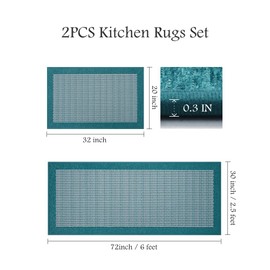 PADOOR Non Slip Kitchen Rugs Sets of 2 - Extra Large 2.5'x6' + 20"x32" Runner Rugs for Kitchen Floor Non Skid Washable, Absorbent Kitchen Mat for in Front of Sink 2 Piece Teal