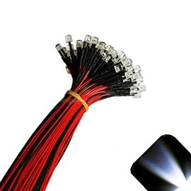 Lighthouse LEDs 12v 3mm Flat Top Pre-Wired Cool/Clear White LED - Ultra Bright (10v, 11v, 12v, 13v, 14v, 15v) (Pack of 50)