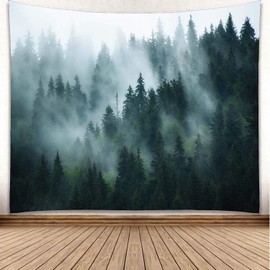 YISURE XXL Tapestry 300 cm Forest Green Misty Wall Towel Forest for Bedroom Wall Towels Landscape Wall Hanging Forest Cloth for Wall Extra Large 305 x 230 cm