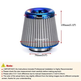 Filtro de admisión de aire frío, alto rendimiento, filtro lavable, filtro de aire de repuesto con abrazadera, diámetro de la brida: 76 mm, gris