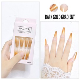 Press on Nails Medium Coffin Nails Press on Square Nails for Women, Long Fake Nails for Girls Solid Color Glue on Nails Long Acrylic Nails Set Natural False Nails in 24PCS (Dark Gold Gradient)