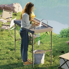 Outsunny Folding Fish Cleaning Table with Sink, Portable Camping Sink Station with Faucet, Drainage Hose, Sprayer and Grid Rack, Outdoor Fillet Table for Picnic Beach Patio, Gray