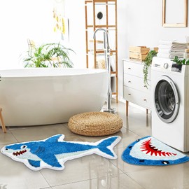Tondiamo 2 Pcs Shark Shaped Bathroom Rugs Bath Mat Non Slip Bath Rug Absorbent Soft Microfiber Cute Washable Floor Mat for Kids Room Aesthetic Kids' Room Decor 40 x 22 Inches, 24 x 24 Inches