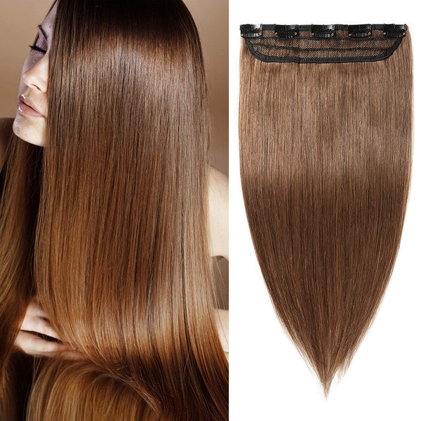 S-noilite 20inch 95g 3/4 Full Head Clip in Extensions Human Hair 5 Clips One Piece Straight Invisible Clip on Hair Extensions 100% Real Human Hair for Women #6 Light Brown