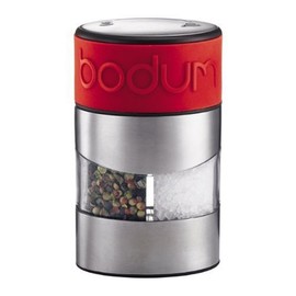 Bodum Twin Dual Salt and Pepper Grinder, Stainless Steel w/Silicone Sleeve, Red