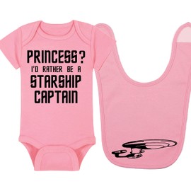 Trekkie Baby Onesie and Bib - Princess? I'd Rather Be A Starship Captain - Enterprise Silhouette (3-6 Month - Pink Fabric - Black Design)