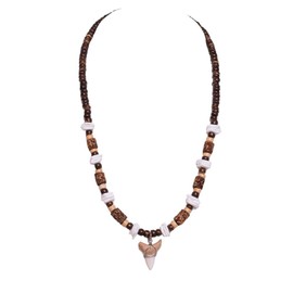 BlueRica Shark Tooth on Brown Coconut & Puka Chip Shell Beads Necklace (18" 3L)