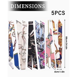 IPNSDON 6 Pack Women's Silk Scarves, Mixed Design Band Scarves, Stylish Scarves for Narrow Handbag Handle Pockets, Women Straps, White