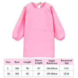 Augesak Children's Painting Apron, Painting Smock, Children's Craft Apron with Sleeves and Pockets, Children's Apron School Boys Girls for Crafts, Painting, Baking, Cooking, 7-11/12-16 Years, pink, L