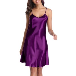 Vlazom Women Negligees Satin Nightdress Spaghetti Strap Chemises Slip V Neck Sleepwear Nightgown, Dark Purple, M(UK 8-10)