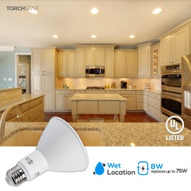 TORCHSTAR PAR30 LED Bulbs, 8W Equivalent 75W, CRI90+ Dimmable LED Spotlight Bulbs, UL Listed, 800LM Long Neck Flood Light Bulb for Recessed Trim Lighting, Track Light, 3000K Warm White, Pack of 6