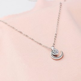 Yaneno Women Necklace 925 Sterling Silver Choker Cross Necklace Crystal Zirconia Pendant Moon Stars (White)