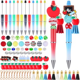 Jutom 12 Pcs Plastic Beadable Pens with 50 Pcs Colorful Beads 12 Tassels 12 Pendants Assorted Colors Bead Pens for DIY Making Kit for Pens Beaded Pens for Office (School)