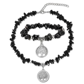 MILAKOO Tree of Life Necklace & Bracelet Jewelry Set for Women Chip Tumbled Stone Chakra Stone Prayer Beads