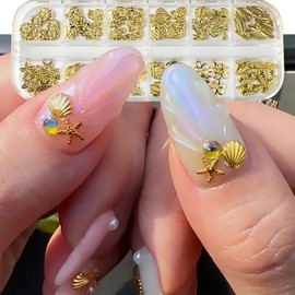 JFIYUOMCI 12 Grids Summer Nail Charms, Ocean Nail Gems and Charms Rhinestones - Shell Seashell Starfish Sea Beach Nail Art Decoration, 3D Metal Studs Design for Women Girls Nail Supplies