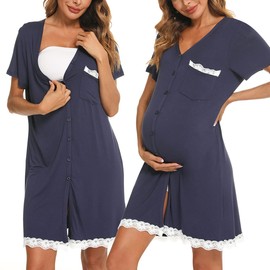 Uniexcosm Nursing Nightdress Women's Short Sleeve Cotton Maternity Nightdress V Neck Maternity Nightdress Button Down for Pregnant Women or Nursing Women Maternity Dress, Style 1:Navy-1