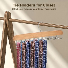 Tie Holders for Closet 2 Pcs, Tie Rack Hanger Hooks, Natural Wood Finish, 20 Rotating Hooks Each, Multi-Functional Storage for Ties Belts Scarves