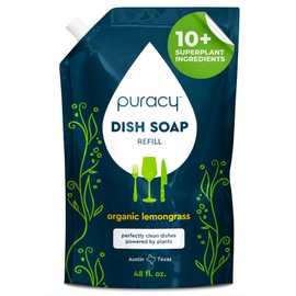 Puracy Natural Dish Soap Refill - Skin-Softening Plant-Based Liquid Dishwashing Detergent Soap, Clean-Rinsing Water-Sheeting Formula (Organic Lemongrass, 48 fl oz)