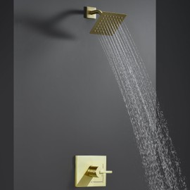 SOOOHOT Gold Shower Faucet Set with 6-Inch Rain Shower Head, Single-Handle Shower Trim Kit, Brushed Gold Shower Fixtures （Valve Included)
