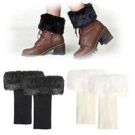 YGKYMVW Women's Leg Warmers, 2 Pairs Fur Trim Leg Warmers Boots Cover Warm Winter Short Leg Warmers Ankle Warm Socks Girls Boots Cover for Winter Warmer (White and Black), White-and-black