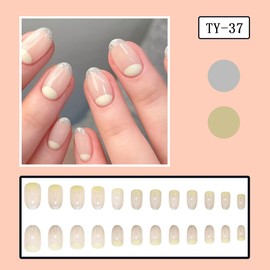 24Pcs Medium Fake Nails Almond French Tip Short Press On Nails Square with Nude Yellow Silver Glitter Designs Full Cover Glossy False Nails,Acrylic Thick Glue on Nails, Stick on Nails For Women Daily Events TY-37