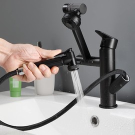 UDWTMTPRT Kitchen Sink Faucet for Bar Farmhouse Commercial, Mordern Black 360 Degree Rotation Kitchen Sink Faucet, Pull Out Spray Gun 2-Way Spout Hot Cold Mixer Crane Tap