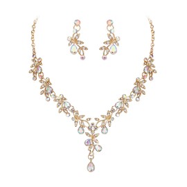 Clearine Wedding Jewellery Set for Women Bride, Y-Necklace Dangle Earrings Set Stunning Crystal Teardrop Leaf Flower Cluster Prom Jewellery for Bridal Bridesmaid Iridescent AB Gold-Tone