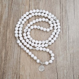 Tree of Life Charm 108 Mala Prayer Beads Bracelet Healing Calming Mala Necklace for Yoga Meditation Practice, Stone Pearl stone, Pearl